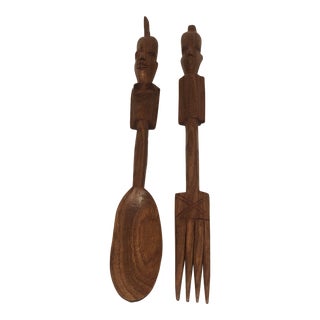 1980s Hand-Carved Wooden Decorative Serving Utensils - a Pair For Sale