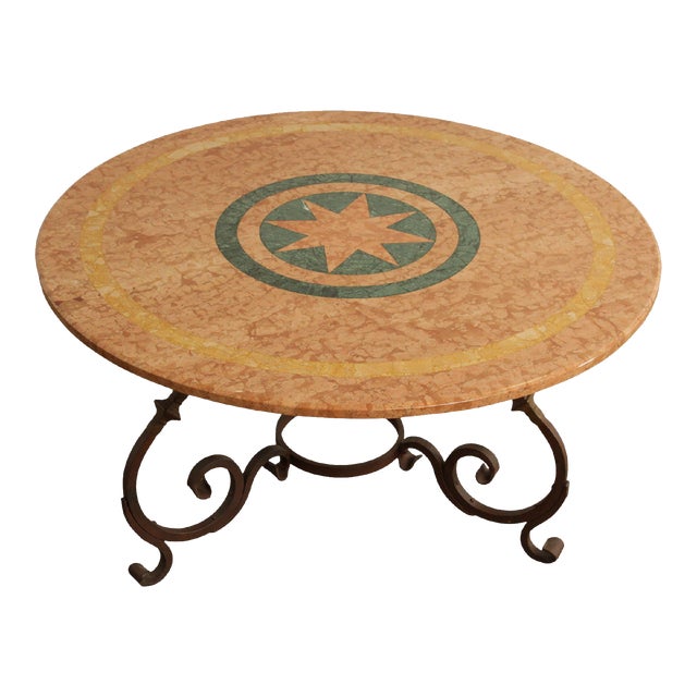 Tuscan Style Iron Scroll Base Round Marble Top Dining Table For Sale