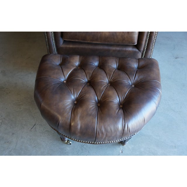 Traditional Leather Tufted Chair and Ottoman For Sale - Image 3 of 12