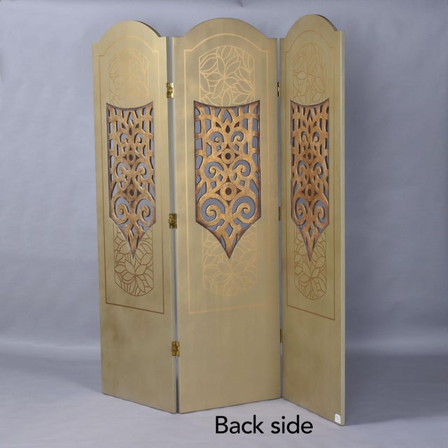 Italianate Gold Leaf and Cream Colored 3 Panel Room Divider Screen For Sale - Image 9 of 12
