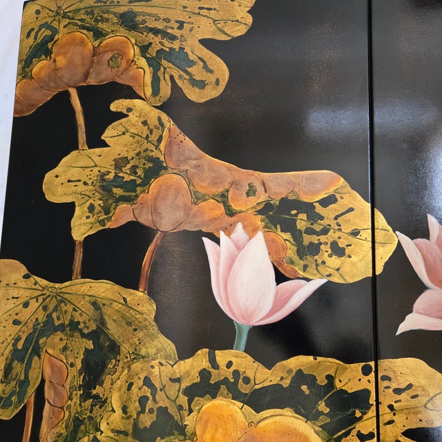 Paint Mid 20th Century Two Panel Black Lacquered Koi Fish Lotus Flower With Dragon Fly Artist Signed For Sale - Image 7 of 15