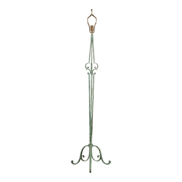 Vintage Verdigris Wrought Iron Floor Lamp with Scrolled Base and Tapered Lines For Sale