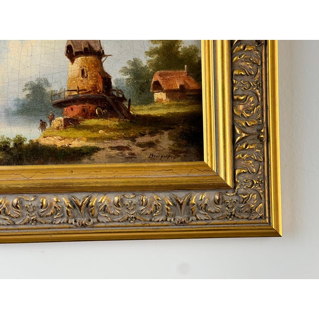 Textile Antique Continental School Oil on Canvas Landscape With Windmill, Signed “Brüguer,” Circa 1880-1910 For Sale - Image 7 of 10