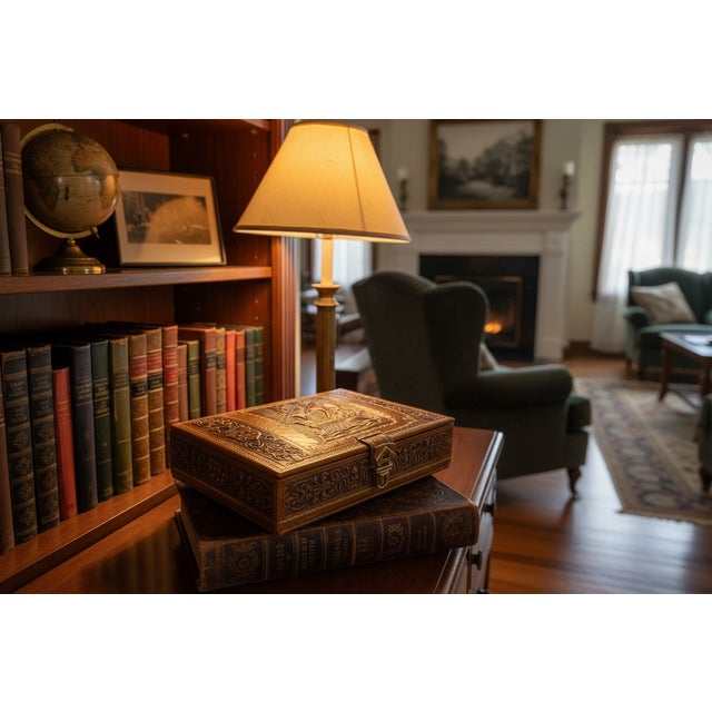 Mid 20th Century Argentinian Embossed Leather Music Box With Galleon Motif For Sale - Image 10 of 10