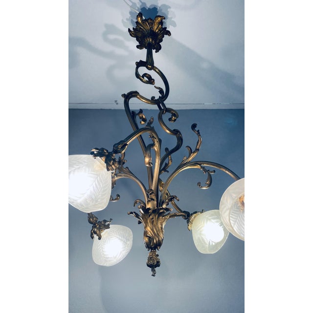 Art Nouveau Golden Chandelier with Frosted Glass Shades For Sale - Image 18 of 18