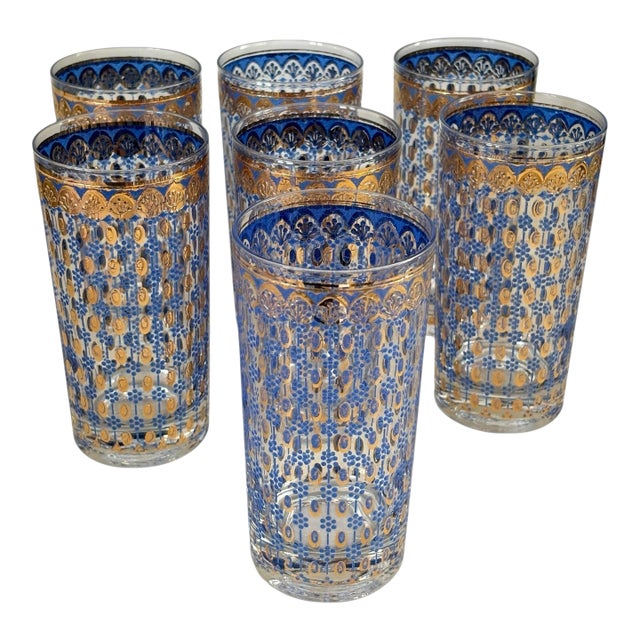 Vintage 1970s Gold & Blue MCM Glass Tumblers - A Set of 7 For Sale