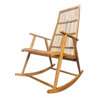 Midcentury Wood and Rattan Rocking Chair, Denmark, 1960s For Sale