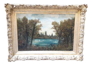French School Artist, Lake Scene, Late 1800s, Oil on Canvas, Framed