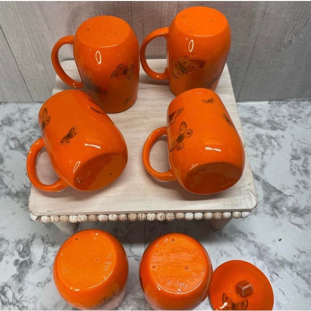 Ceramic Vintage 1960's Mid Century Modern Cottage Core Butterfly Coffee Mugs & Creamer Sugar Bowl Set - Set of 6 For Sale - Image 7 of 14