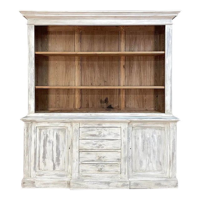 Grand 19th Century French Rustic Neoclassical Bookcase in Whitewashed Pine For Sale