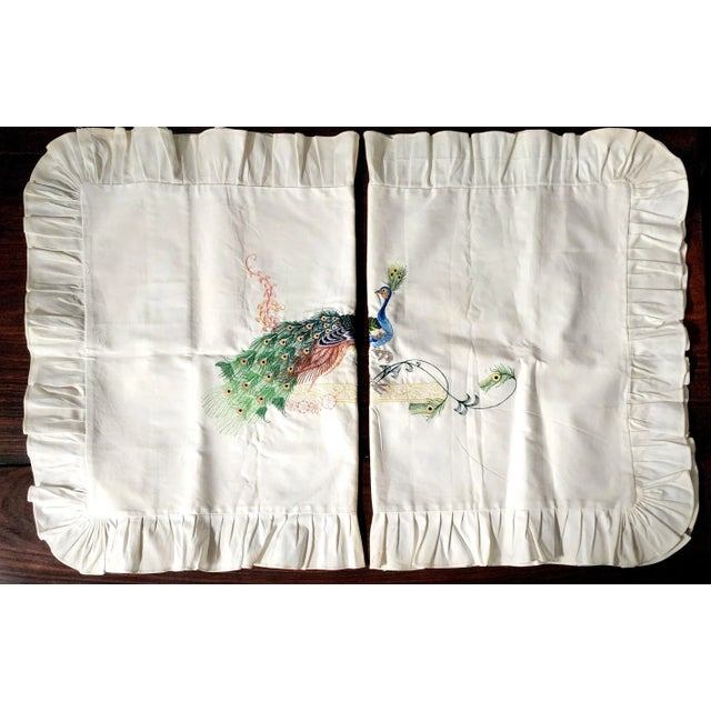 Chinese Handsewn Peacock Accent Fine Linen Lg. Pillow Covers - Pair Hand Stiched Peacock Motif Identical Pair. Excellent...