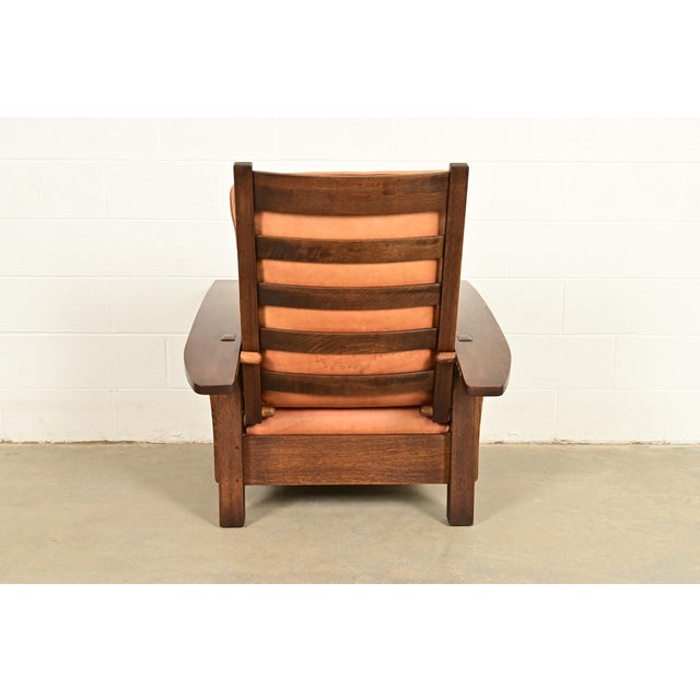 Stickley Mission Oak Arts & Crafts Bow Arm Reclining Morris Lounge Chair With Ottoman For Sale - Image 11 of 14