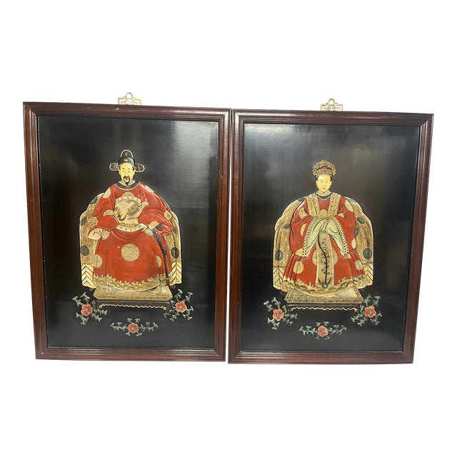 Pair of 1980s Large Chinese Carved Hardstone Emperor & Empress Portraits For Sale