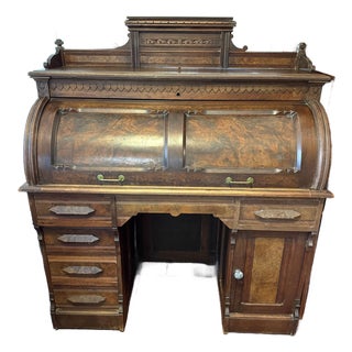 Antique Walnut Roll Top Desk, Many Drawers & Cubby Holes, Leather Mat For Sale
