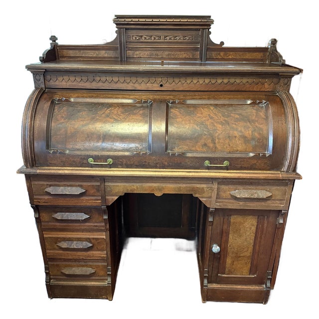 Antique Walnut Roll Top Desk, Many Drawers & Cubby Holes, Leather Mat For Sale