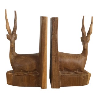 Vintage Mid Century Modern Hand Carved Wood Bookends. - a Pair For Sale