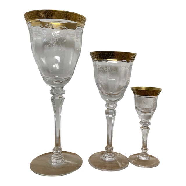 Vintage Gold-Encrusted Etched Crystal Stemware, Three-Piece Place Setting: Water Goblet, Wine Goblet, and Cordial Glass. For Sale
