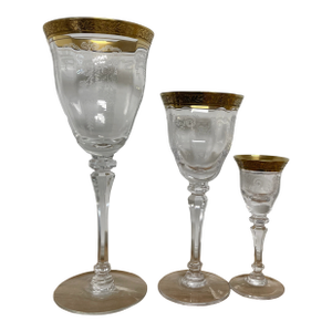 Vintage Gold-Encrusted Etched Crystal Stemware, Three-Piece Place Setting: Water Goblet, Wine Goblet, and Cordial Glass.