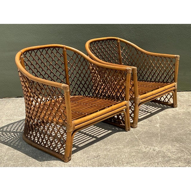 Vintage Trellis Rattan Lounge Chairs - A Pair For Sale - Image 4 of 12