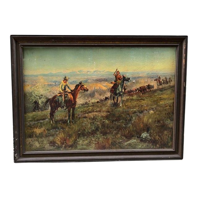 Early 20th Century Framed Western Cowboy Painting, Signed For Sale