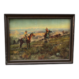Early 20th Century Framed Western Cowboy Painting, Signed