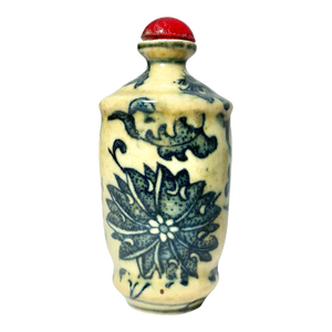 Antique Chinese Yellow Porcelain Blue Floral Flowers Snuff Bottle