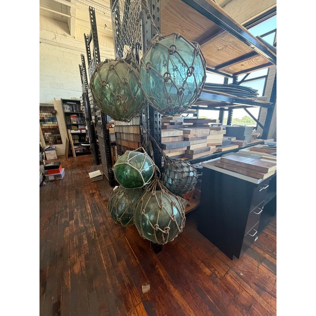 Early 20th Century Antique Japanese Glass Fishing Floats – Hand‑Blown Green Glass With Rope Netting For Sale - Image 5 of 6