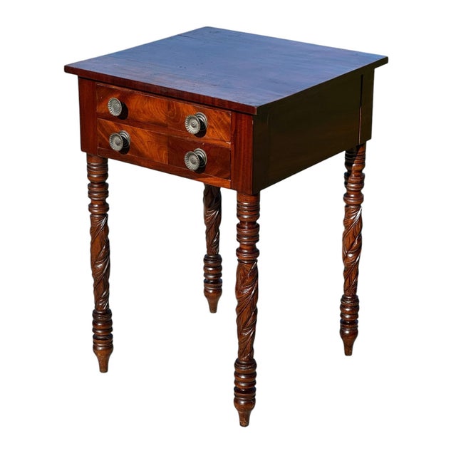 American Antique Federal New England Mahogany Acanthus Carved Work Table With Rare Pulls For Sale - Image 3 of 12
