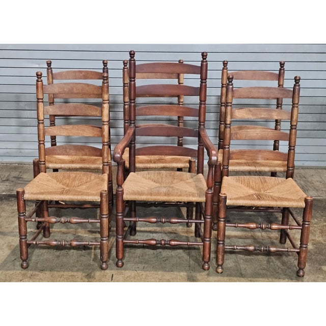 American Set of 6 Antique New England Ladderback Style Dining Chairs With Rush Seats For Sale - Image 3 of 8