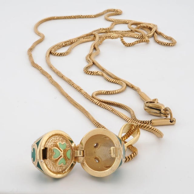 Lucky Clover Green Enamel Egg Gold Necklace For Sale - Image 4 of 11