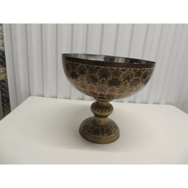 Vintage Persian Brass and Enamel Footed Center Piece with hand made wooden fruits. Floral pattern. Size: 12.15"D x 11.15"H