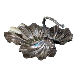 Antique Coastal Silverplate Shell Platter With Sculptural Nautical Coral Handle For Sale