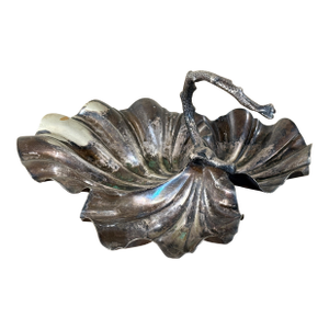 Antique Coastal Silverplate Shell Platter With Sculptural Nautical Coral Handle