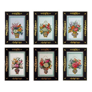 China Trade Watercolors of Flower Baskets With Chinoiserie Frames, a Set of Six For Sale