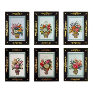 China Trade Watercolors of Flower Baskets With Chinoiserie Frames, a Set of Six