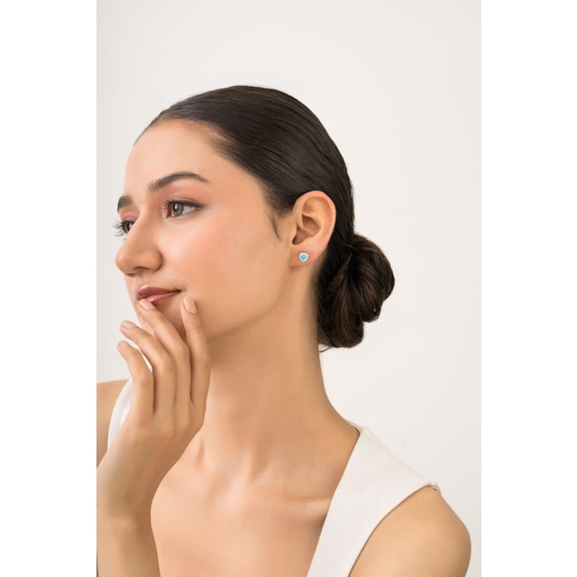 Metal Natural Cabochon Turquoise Heart & Diamond Halo Stud Earrings in 14k Gold- A Pair For Sale - Image 7 of 11