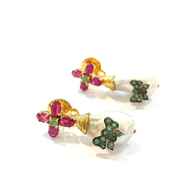 White Bochic “Orient” Ruby, Emerald & South Sea Pearls Earrings In 18K Gold & Silver - a pair For Sale - Image 8 of 10