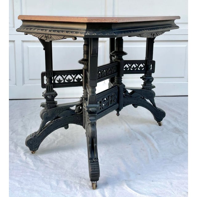 Antique Eastlake Pink Marble and Griffin Carved Rolling Table For Sale In Los Angeles - Image 6 of 13