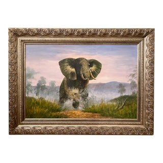 Large Safari Framed Oil Painting of Charging Elephant 36x24 Canvas For Sale