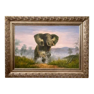 Large Safari Framed Oil Painting of Charging Elephant 36x24 Canvas