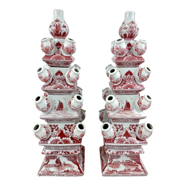 Contemporary Red & White Delft Style Porcelain Tulipieres - a Pair For Sale