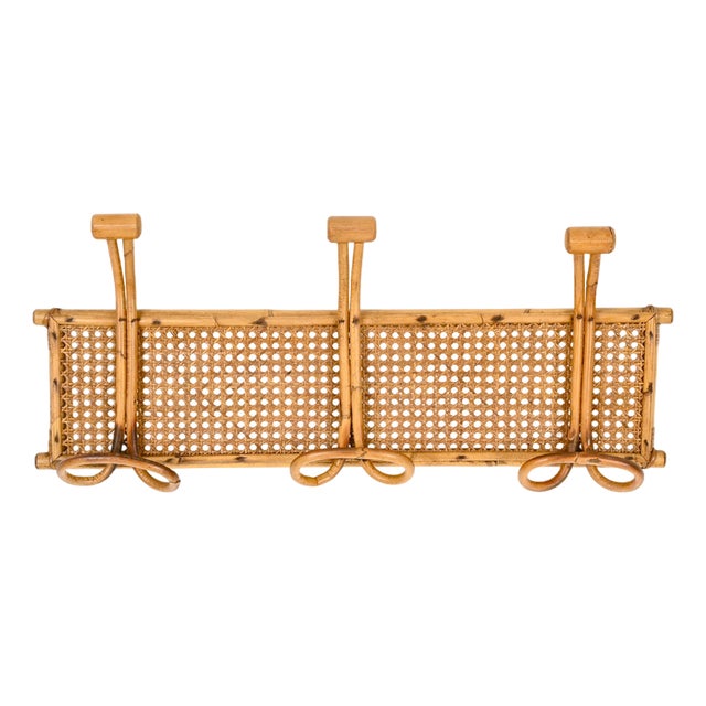 Vintage French Riviera Rattan and Bamboo Canes Wicker Coat Rack, 1960s For Sale