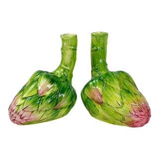 1980's Italian Majolica Trompe l'Oeil Asparagus Candle Holders - a Pair For Sale