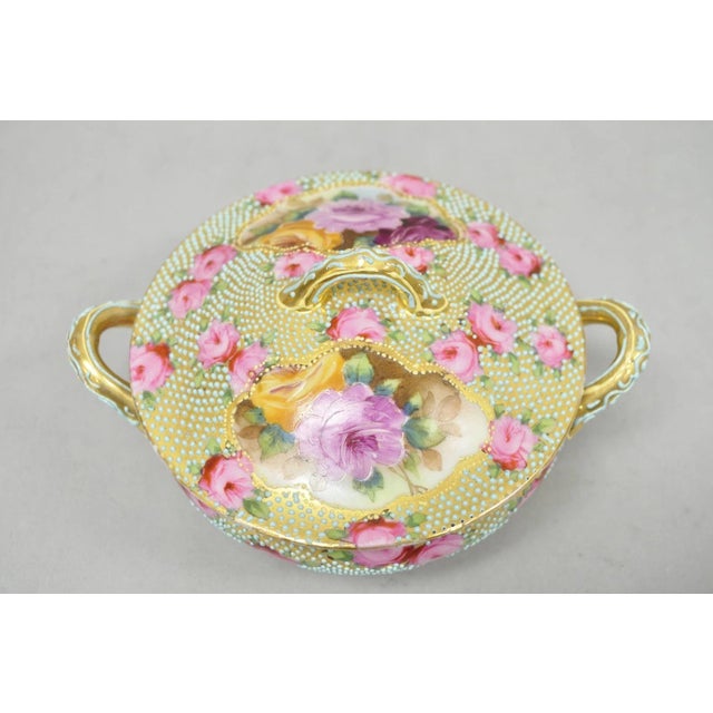 Early 20th Century Antique Nippon Hand Painted Gold Gilt Porcelain Green Moriage Covered Sugar Bowl For Sale - Image 5 of 16