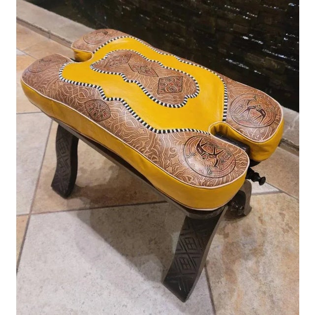 Moroccan Moroccan Camel Saddle Leather Cushion Wooden Base Stool For Sale - Image 3 of 7
