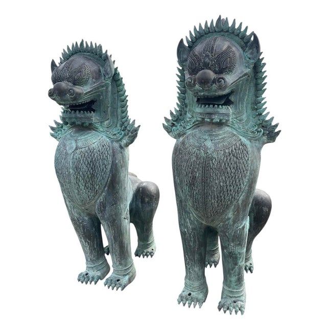 1990s Monumental Pair of Southeast Asian Verdigris Bronze Guardian Lion Statues For Sale - Image 4 of 12