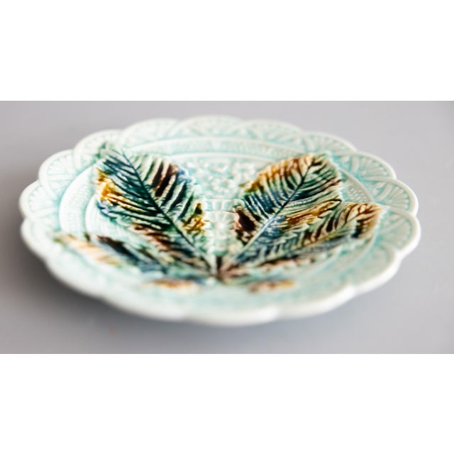 Farmhouse 19th Century Swedish Rörstrand Majolica Turquoise Chestnut Leaf Plate For Sale - Image 3 of 7