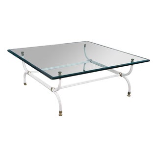 Mid Century Maison Jansen Style White Iron Faux Bamboo Square Glass Coffee Table For Sale