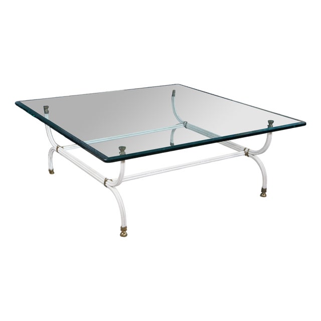 Mid Century Maison Jansen Style White Iron Faux Bamboo Square Glass Coffee Table For Sale