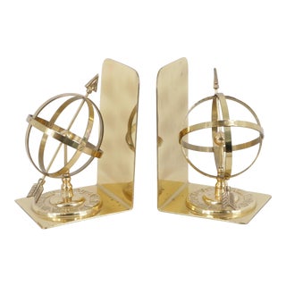 Vintage 1960s Mid-Century Modern Solid Brass Globe Arrow Compass Bookends - a Pair For Sale